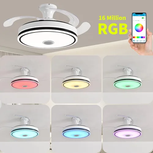 Vista 7 de Ventilador de techo retráctil de 42 pulgadas con luces, ventilador de techo inteligente con altavoz Bluetooth, control de aplicación, cambio