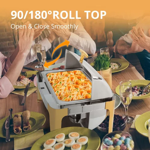 Vista 4 de ROVSUN Juego de platos de bufé con tapa enrollable, con detalles dorados, NSF de 9 cuartos de galón de acero inoxidable rectangular, juego