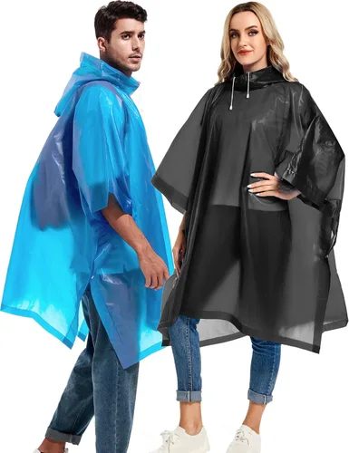 Vista 24 de Paquete de 2 ponchos de lluvia para adultos, reutilizables, impermeables, de supervivencia, emergencia, resistente, con capucha con cordón