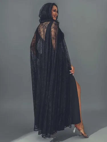 Vista 4 de Unicra Capa larga con capucha de encaje de longitud completa, capa larga para disfraz de Halloween, capa de fiesta de cosplay para mujer