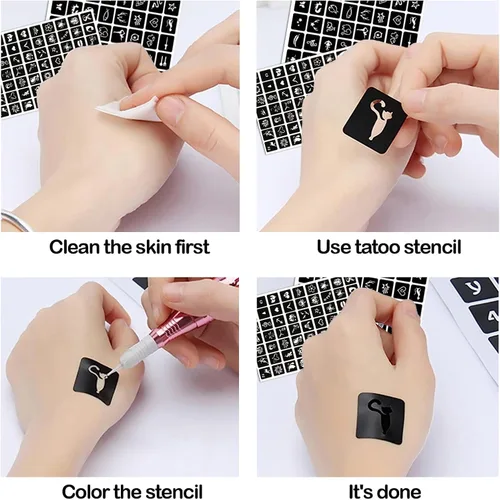 Vista 4 de Kit de plantillas de tatuaje de henna reutilizables para hombres y mujeres, más de 423 plantillas de tatuaje, plantilla de tatuaje con aerógrafo