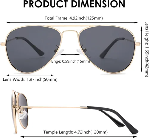 Vista 2 de NULOOQ Gafas de sol polarizadas de aviador para niños, niñas y adolescentes de 2 a 16 años, marco de metal, lente espejada de 1.969in y 2.047in