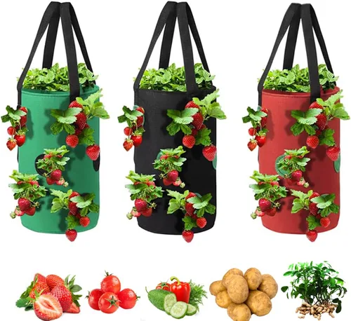 Vista 6 de Macetero de tomate al revés de 3 galones, maceta colgante de fresa, bolsas de cultivo de tela de aireación duradera para verduras
