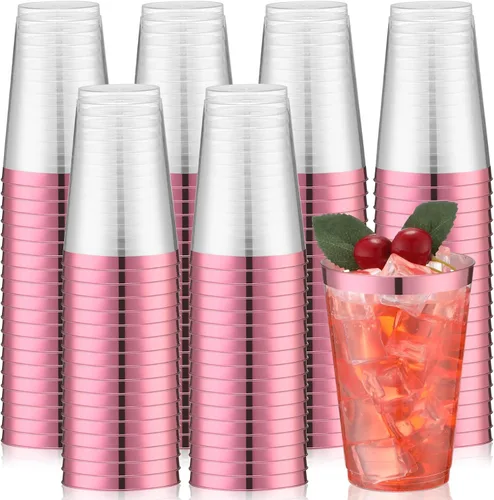 Vista 9 de Zubebe 100 vasos de plástico con borde de 14 onzas, vasos de vino desechables transparentes duros con borde, elegantes vasos de cóctel desechables