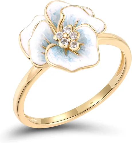 Vista 8 de Santuzza Anillo de diamante genuino de flor esmaltada de oro sólido amarillo de 10 quilates para mujer
