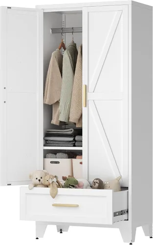 Vista 10 de LCAOPC Armario de metal de 71 pulgadas de alto con cajón y barra para colgar, armario de 2 puertas con estante para dormitorio, oficina, lavandería