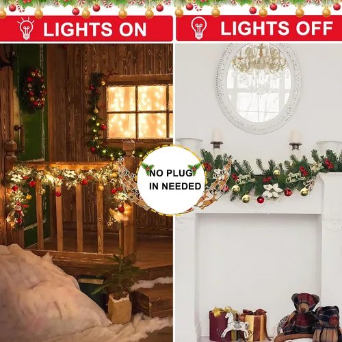 Vista 6 de JUNEBRUSHS Guirnalda de Navidad de 9 pies con luces, guirnalda decorativa con 50 luces LED, funciona con pilas, ratán verde artificial preiluminado
