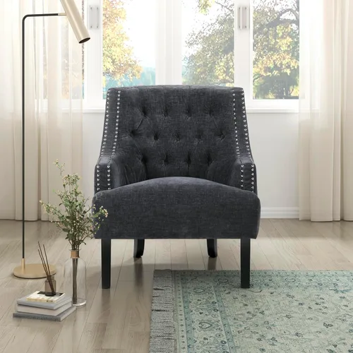 Vista 9 de Lexicon Silla decorativa de lectura, cómoda para dormitorio, sillón tapizado con marco de madera maciza, ribete de cabeza de uñas copetudo, sofá