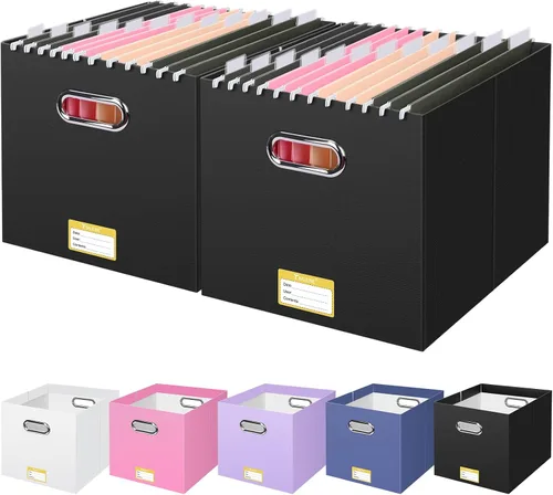 Vista 34 de BALEINE Caja organizadora de archivos, organizador de carpetas de archivos de cartón con asa para tamaño carta, caja de archivos plegable portátil