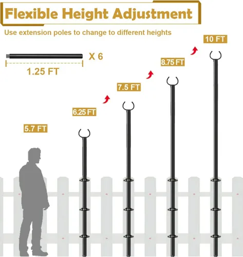 Vista 2 de Soporte de poste de luz para exteriores de 10 pies para valla de terraza o barandilla de patio, poste de luz ajustable para colgar al aire libre