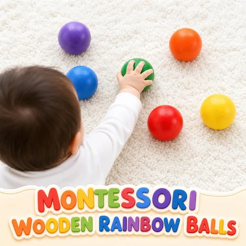 Vista 6 de Bucherry 6 bolas de madera Montessori Rainbow de 1.8 pulgadas, colores Colores variados