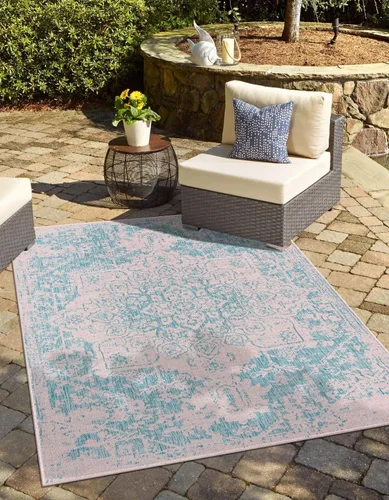 Vista 22 de Unique Loom Jill Zarin Jill Zarin Outdoor Collection - Alfombra Dubái (3 pies 3 pulgadas, redonda, rosa y aguamarina/azul claro)