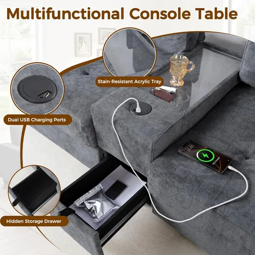 Vista 45 de Sofá modular de 103 pulgadas con 2 consolas acrílicas, juego de sofá en forma de U de gran tamaño con cargador USB, cajones de almacenamiento, Beige