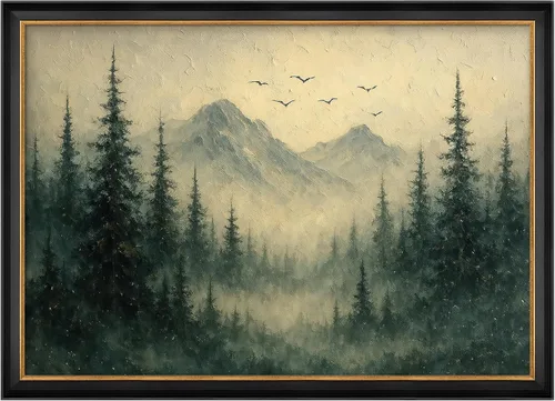 Vista 206 de MUDECOR Lienzo enmarcado prémium para pared, pinos nevados en bosque de invierno, ilustraciones modernas, arte contemporáneo, escénico, divertido