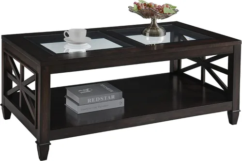 Vista 10 de Mesa de centro de madera maciza con tapa de vidrio templado, mesa rectangular para sala de estar con estante de almacenamiento de 2 neumáticos, mesa