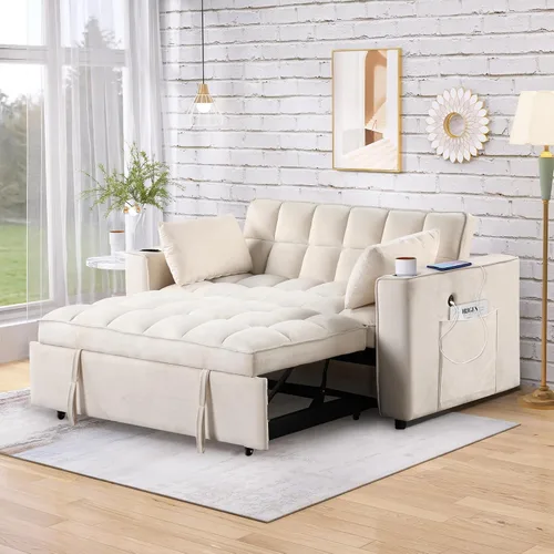 Vista 23 de Sofá cama convertible de terciopelo con respaldo ajustable y enchufe USB, sofá cama extraíble multiposición tamaño individual con 2 almohadas
