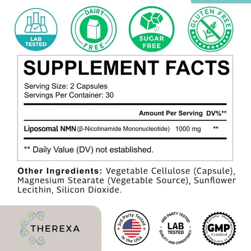 Vista 3 de Suplemento de NMN 1000mg Puro - NMN Liposomal para Suplemento de NAD+, Probado en EE. UU., 60 Cápsulas