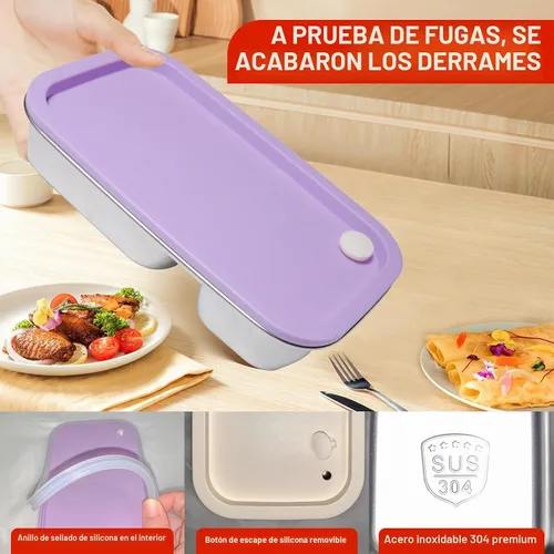 Vista 4 de Paquete de 2 recipientes de acero inoxidable con tapas, 2 compartimentos de 16.9 onzas, tapa a prueba de fugas, caja de ensalada reutilizable