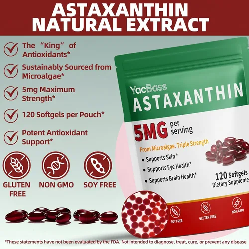 Vista 5 de Suplementos de astaxantina de 5 mg - Astaxantina Premium 120 cápsulas blandas para ojos, cerebro, piel y apoyo inmunológico, fuente de microalgas