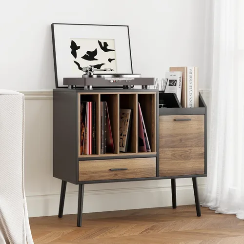 Vista 8 de Semiocthome Soporte para tocadiscos con caja de almacenamiento de vinilo anidable, mesa de tocadiscos con cajón, un gabinete, área de almacenamiento