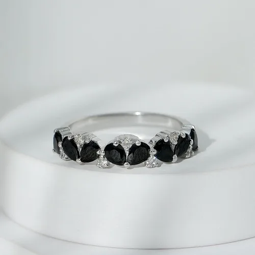 Vista 12 de Anillo de banda de media eternidad con diamantes de ónix negro certificado, calidad AAA, anillo de piedra natal de diciembre (listo para regalar)