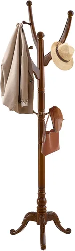 Vista 9 de Perchero de madera independiente, soporte de perchero de madera maciza con 14 ganchos, abrigo de pie vintage resistente, soporte de árbol