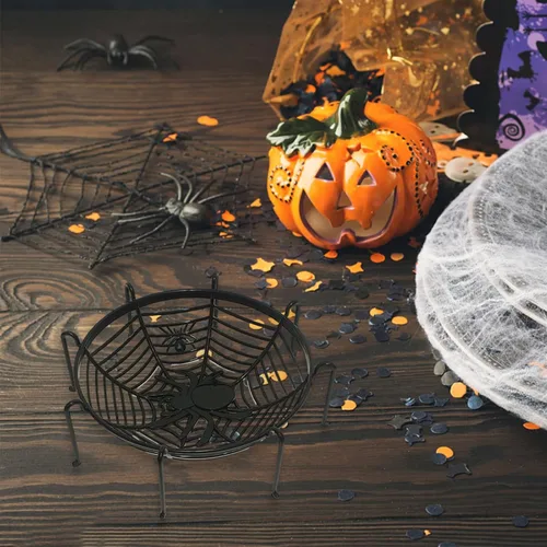 Vista 4 de Cuencos de cesta de tela de araña de Halloween, soporte de plástico para dulces para truco o trato, decoraciones de agarre a mano para suministros F