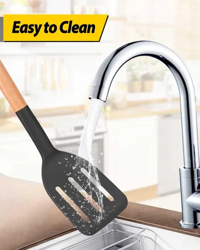 Vista 6 de Paquete de 2 espátulas de cocina de silicona, espátulas sólidas resistentes al calor, espátulas ranuradas antiadherentes con mango corto de madera