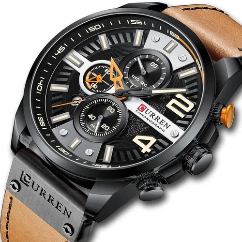 Vista 5 de Reloj clásico con cronógrafo, elegante, casual, deportivo, correa de piel, para hombre
