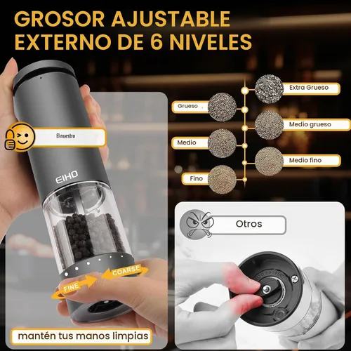 Vista 2 de Juego de Molinillo Eléctrico de Sal y Pimienta Recargable, Grosor Ajustable Externo, Molinos Automáticos de Saleros y Pimenteros, Accesorios