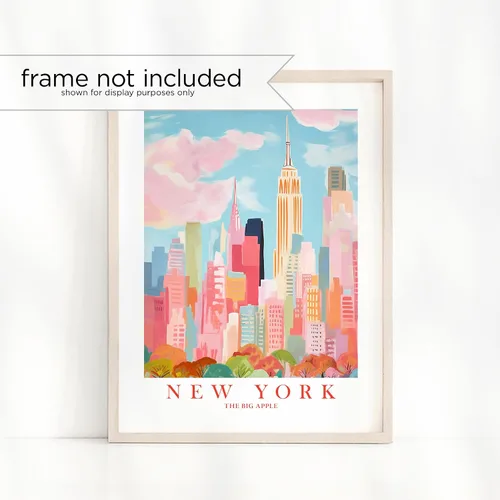 Vista 2 de ColorAndFlair Póster retro de viaje de Nueva York con diseño de horizonte rojo, rosa y naranja, póster retro de recuerdo de la gran manzana, pintura