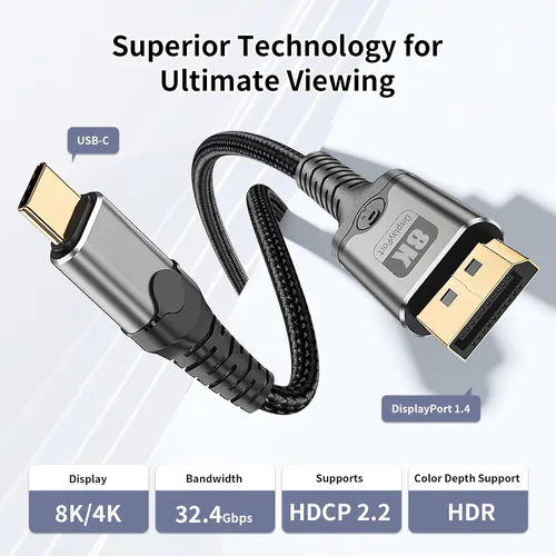 Vista 2 de Cable USB C a DisplayPort de 3.3 pies, 8K a 60 Hz 4K a 240 Hz unidireccional Thunderbolt 3/4/5 a DisplayPort cable USB C a DP compatible con MacBook