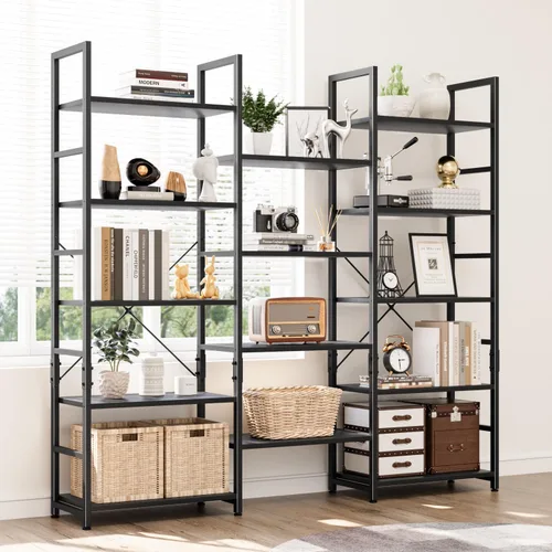 Vista 2 de NUMENN Estantería Triple Ancha de 5 Niveles, Librerías y Estanterías de Estilo Industrial Rústico con 14 Estantes de Exhibición Abiertos, Muebles