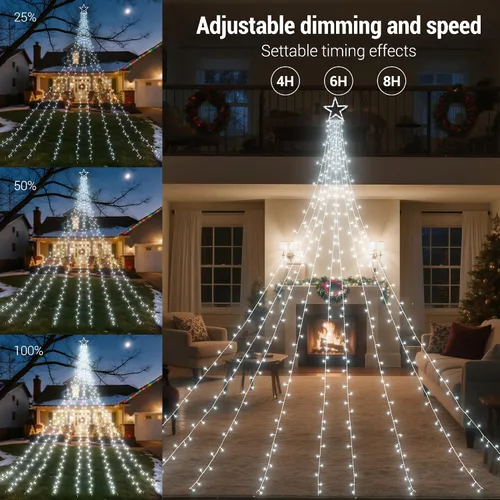 Vista 5 de Flacchi Luces de Navidad para Exteriores con Control Remoto - 16.7 Pies Luces de Decoración de Árbol en Cascada Luces de Cadena de Estrella