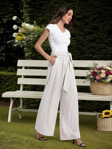 Vista 9 de QIANXIZHAN Pantalones de pierna ancha para mujer, pantalones palazzo de cintura alta, para verano, holgados, casuales, para descansar, trabajar