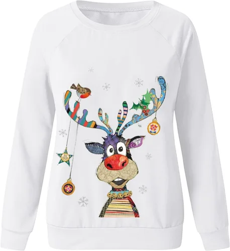 Vista 5 de Rikbuig Sudaderas de Navidad para mujer, lindo estampado de alce, cuello redondo, forro polar, suéter de otoño para festivales