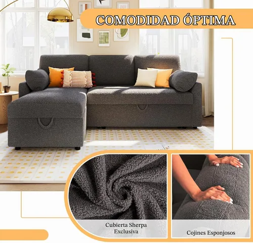 Vista 3 de VanAcc Sofá cama, sofá cama 2 en 1, sofá cama extraíble con diván de almacenamiento para sala de estar, sofá cama con cama extraíble, sofá sherpa