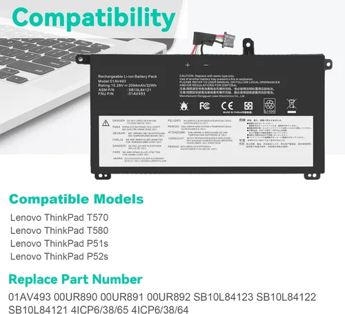 Vista 2 de TREE.NB 01AV493 - Batería de repuesto para laptop ThinkPad T570 T580 P51S P52S Series 00UR890 00UR892 SB10L84121 SB10L84122 SB10L84123 T570 00UR891