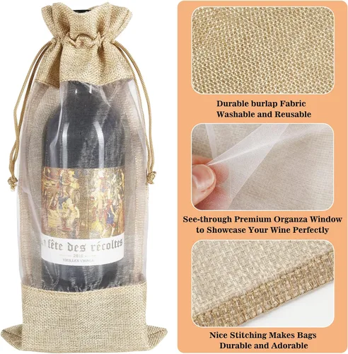 Vista 2 de HRX Package 10 piezas de bolsas de vino de arpillera con ventana transparente, bolsas de regalo de botella de tela de arpillera con cordón