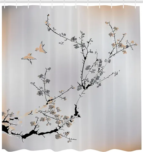 Vista 2 de Ambesonne Cortina de ducha natural, flores pájaros con diseño de cerezo asiático, juego de tela con ganchos para decoración de baño, artículos