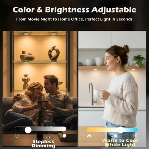 Vista 2 de Cefrank Smart Puck Lights - Paquete de 6 luces WiFi debajo del gabinete regulables 2700K-6000K LED Closet Shelf Display Gun Safe Jewelry Case