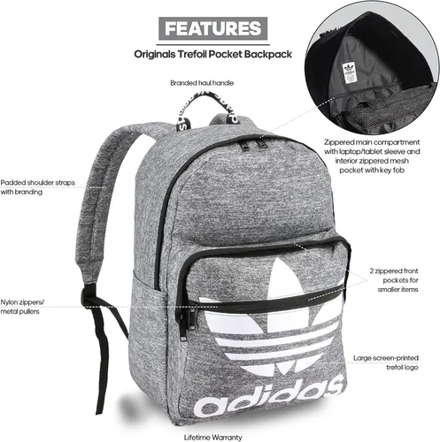 Vista 4 de adidas Originals Trefoil - Mochila con bolsillo, Gris, talla única