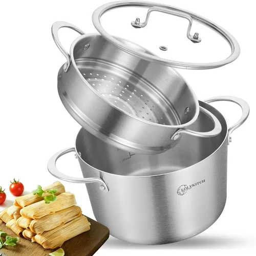 Vista 9 de LOLYKITCH Olla de Stock de Acero Inoxidable de Tres Capas de 3 QT con Tapa y Vaporera, Olla de Cocina por Inducción, Utensilios de Cocina al Vapor
