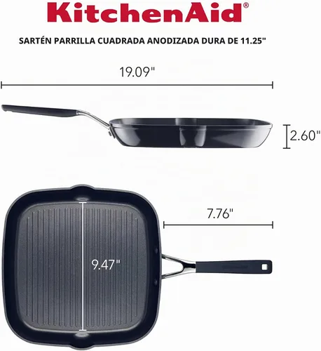 Vista 2 de KitchenAid 84808 Sartén cuadrada anodizada dura antiadherente con boquillas de vertido, 11.25 pulgadas, color negro ónix