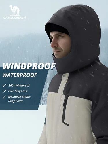Vista 2 de CAMEL CROWN Chaqueta de Esquí de Invierno para Hombre Abrigos de Nieve de Montaña Impermeable Capucha Desmontable Resistente al Viento Chaquetas