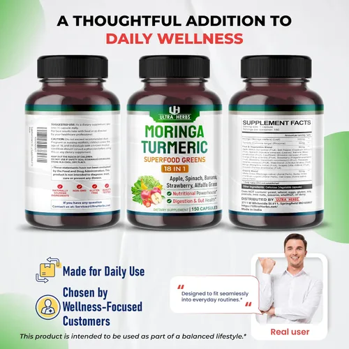 Vista 9 de Superfood Greens 18 en 1 - con frutas, verduras y hierbas - Moringa, alfalfa, manzana, espinatch, plátano, fresa, aumenta la energía, la inmunidad