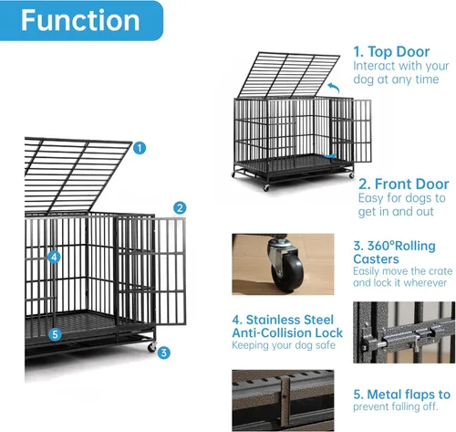 Vista 3 de Jaula para perros resistente de 60 pulgadas, plegable, sin montaje, jaula grande para perros a prueba de escape, con ruedas con cerradura, corralito