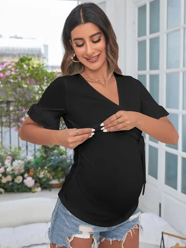 Vista 3 de SOLY HUX Women's Maternity Summer T Shirt Casual Ruffle Wrap V Neck Tie Front Pregnancy Tee Top