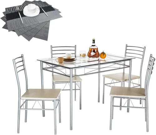 Vista 7 de VECELO juegos de mesa de comedor para cocina para 4, juego de 5 piezas de madera rectangular para desayunador, comedor con sillas acolchadas de PU