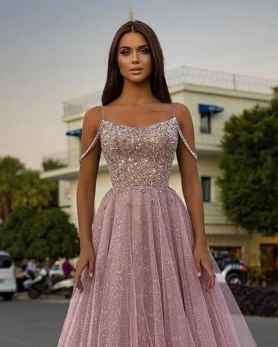 Vista 6 de Yexinbridal Vestidos de fiesta de lentejuelas con hombros descubiertos, vestido largo de tul con purpurina, vestido de fiesta de boda formal